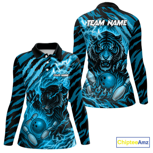 Personalized Tiger Bowling Shirts For Women, Blue Flame Lightning Thunder Tiger Team Bowling Jerseys NQS11232