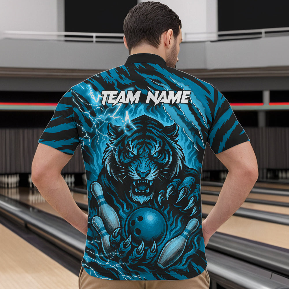 Personalized Tiger Bowling Shirts For Men, Blue Flame Lightning Thunder Tiger Team Bowling Jerseys NQS11232