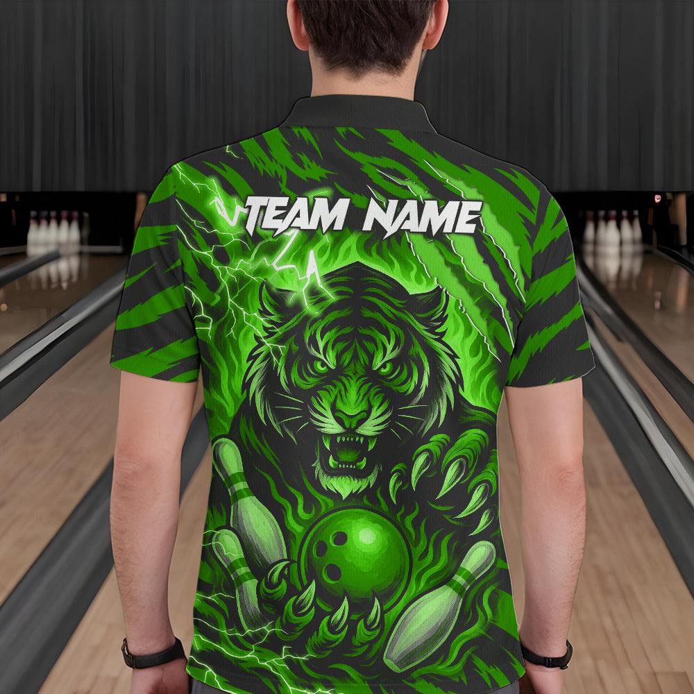 Personalized Tiger Bowling Shirts For Men, Green Flame Lightning Thunder Tiger Team Bowling Jerseys NQS11233