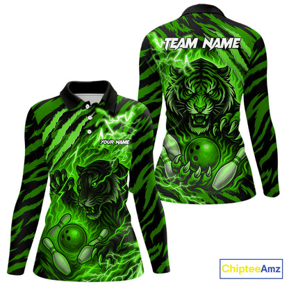 Personalized Tiger Bowling Shirts For Women, Green Flame Lightning Thunder Tiger Team Bowling Jerseys NQS11233