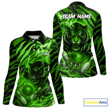 Load image into Gallery viewer, Personalized Tiger Bowling Shirts For Women, Green Flame Lightning Thunder Tiger Team Bowling Jerseys NQS11233