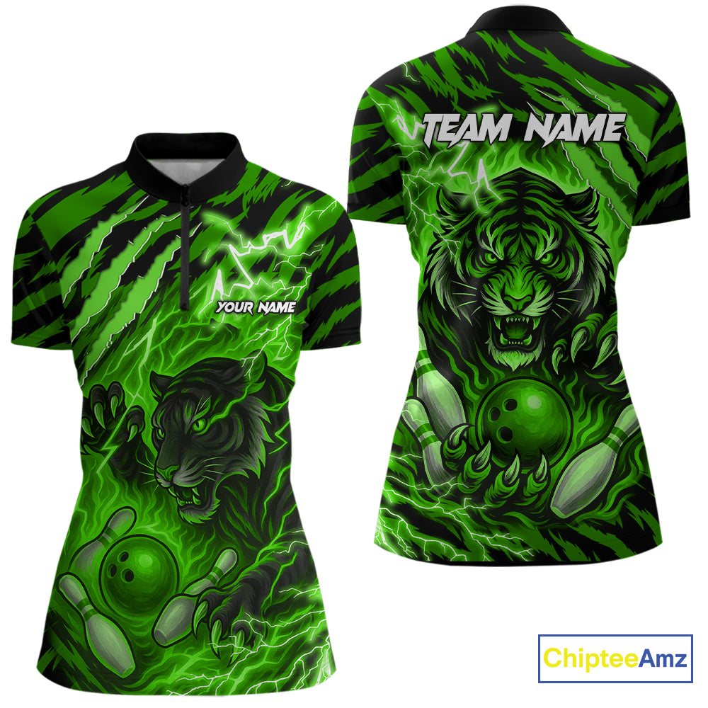 Personalized Tiger Bowling Shirts For Women, Green Flame Lightning Thunder Tiger Team Bowling Jerseys NQS11233