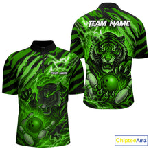 Load image into Gallery viewer, Personalized Tiger Bowling Shirts For Men, Green Flame Lightning Thunder Tiger Team Bowling Jerseys NQS11233