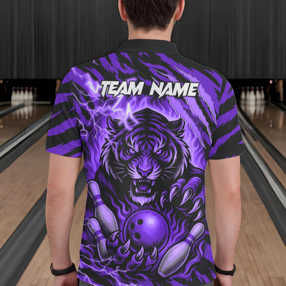 Personalized Tiger Bowling Shirts For Men, Purple Flame Lightning Thunder Tiger Team Bowling Jerseys NQS11234