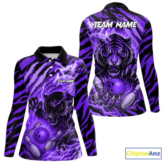 Personalized Tiger Bowling Shirts For Women, Purple Flame Lightning Thunder Tiger Team Bowling Jersey NQS11234