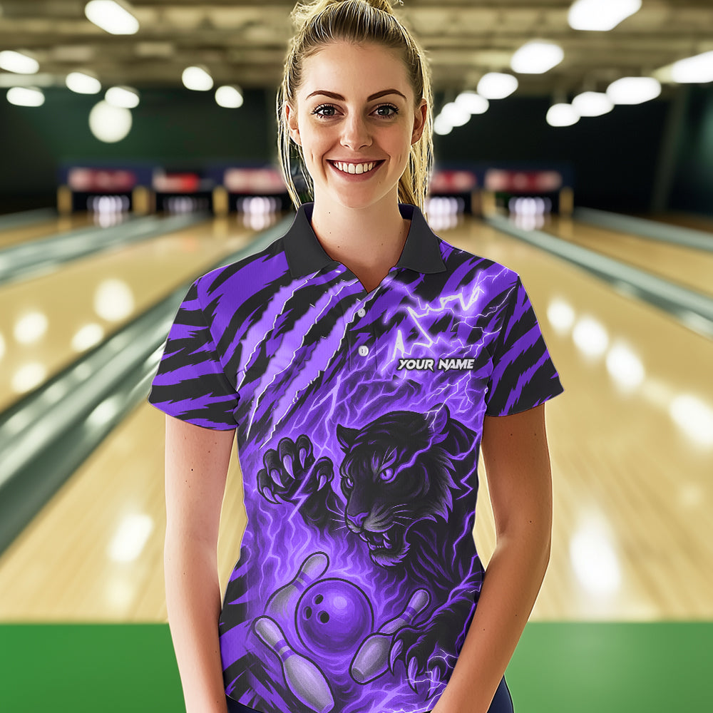 Personalized Tiger Bowling Shirts For Women, Purple Flame Lightning Thunder Tiger Team Bowling Jersey NQS11234