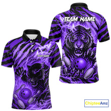 Load image into Gallery viewer, Personalized Tiger Bowling Shirts For Men, Purple Flame Lightning Thunder Tiger Team Bowling Jerseys NQS11234