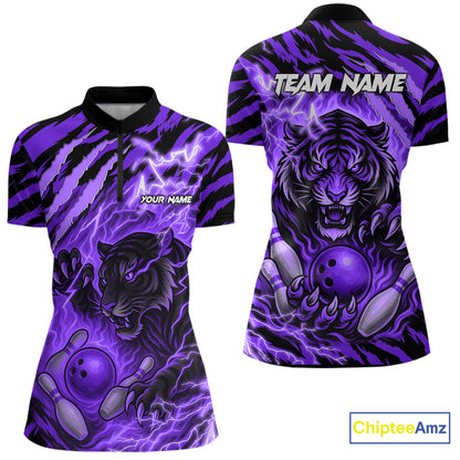 Personalized Tiger Bowling Shirts For Women, Purple Flame Lightning Thunder Tiger Team Bowling Jersey NQS11234