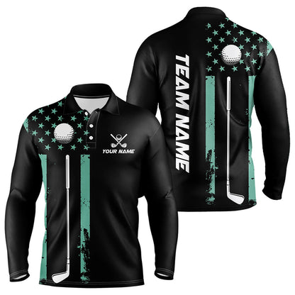 Black & Turquoise American Flag Mens golf polo shirts custom patriotic golf attire for men NQS9355
