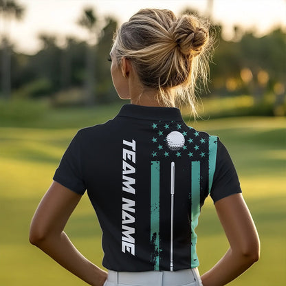 Black & Turquoise American Flag Women golf polo shirts custom patriotic golf attire for ladies NQS9355
