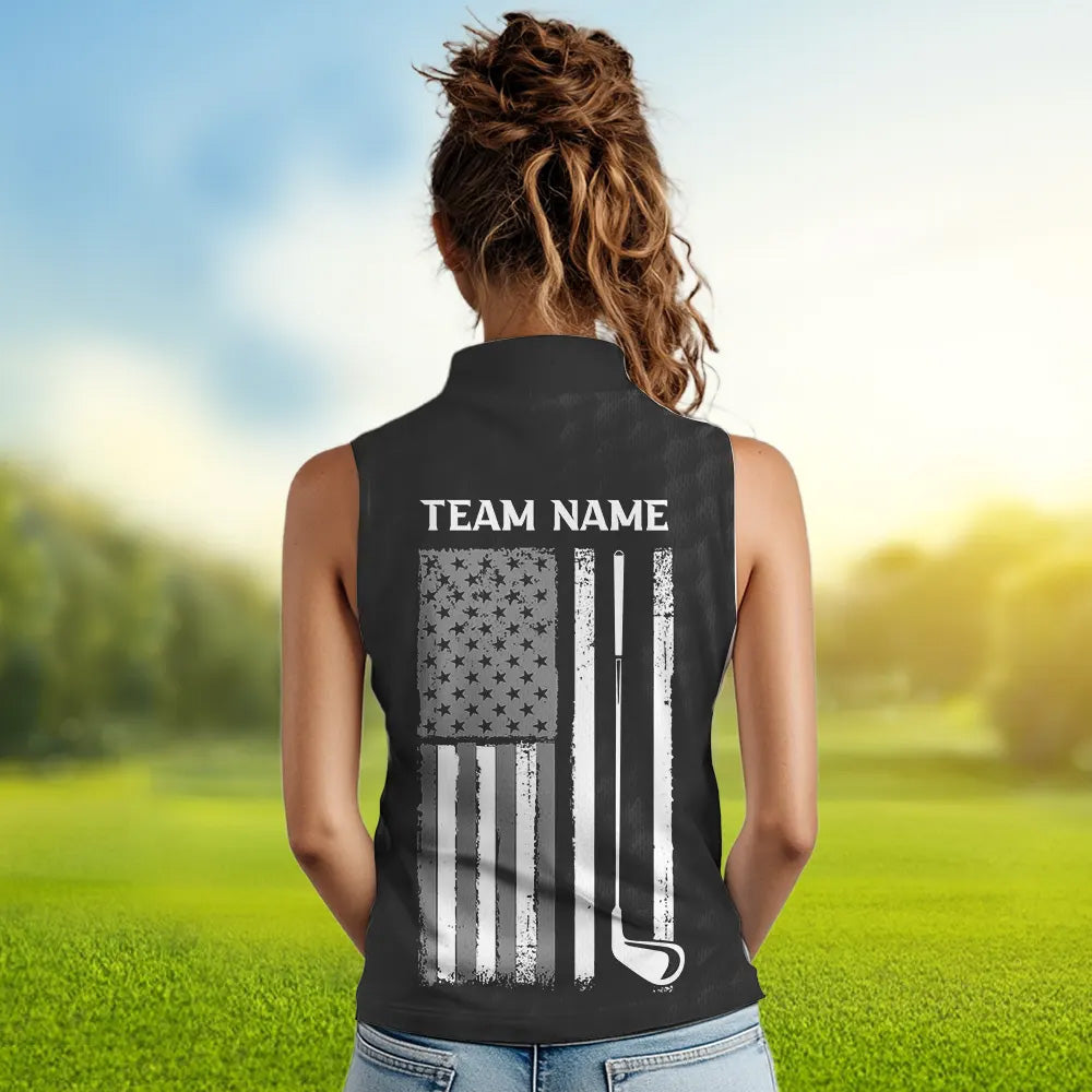 Black and White Retro American Flag Women Sleeveless golf polo shirts custom patriotic golf gifts NQS9663
