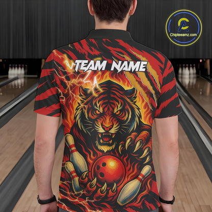 Personalized Tiger Bowling Shirts For Men, Orange Flame Lightning Thunder Tiger Team Bowling Jerseys NQS9947