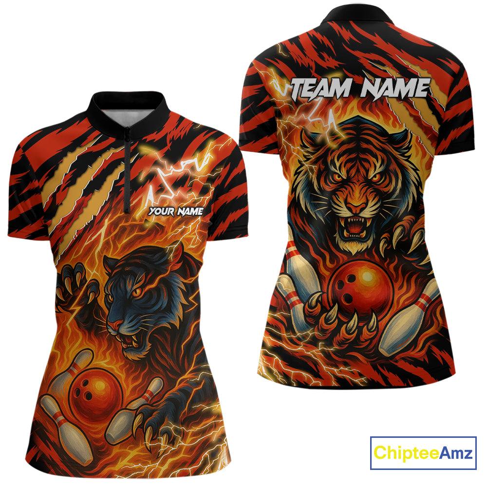 Personalized Tiger Bowling Shirts For Women, Orange Flame Lightning Thunder Tiger Team Bowling Jerseys NQS9947