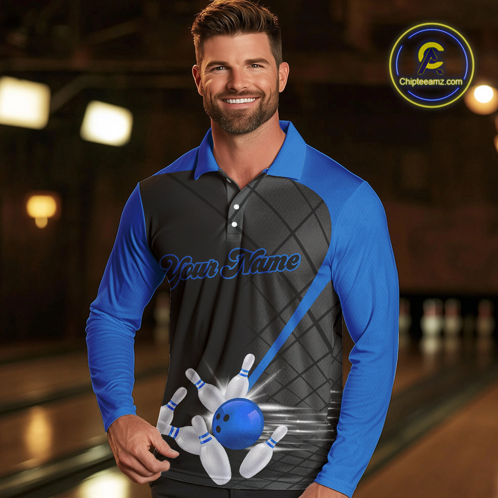 Black and blue bowling league jersey custom Mens Bowling Polo, 1/4 zip Shirt, gifts for men bowler NQS10095