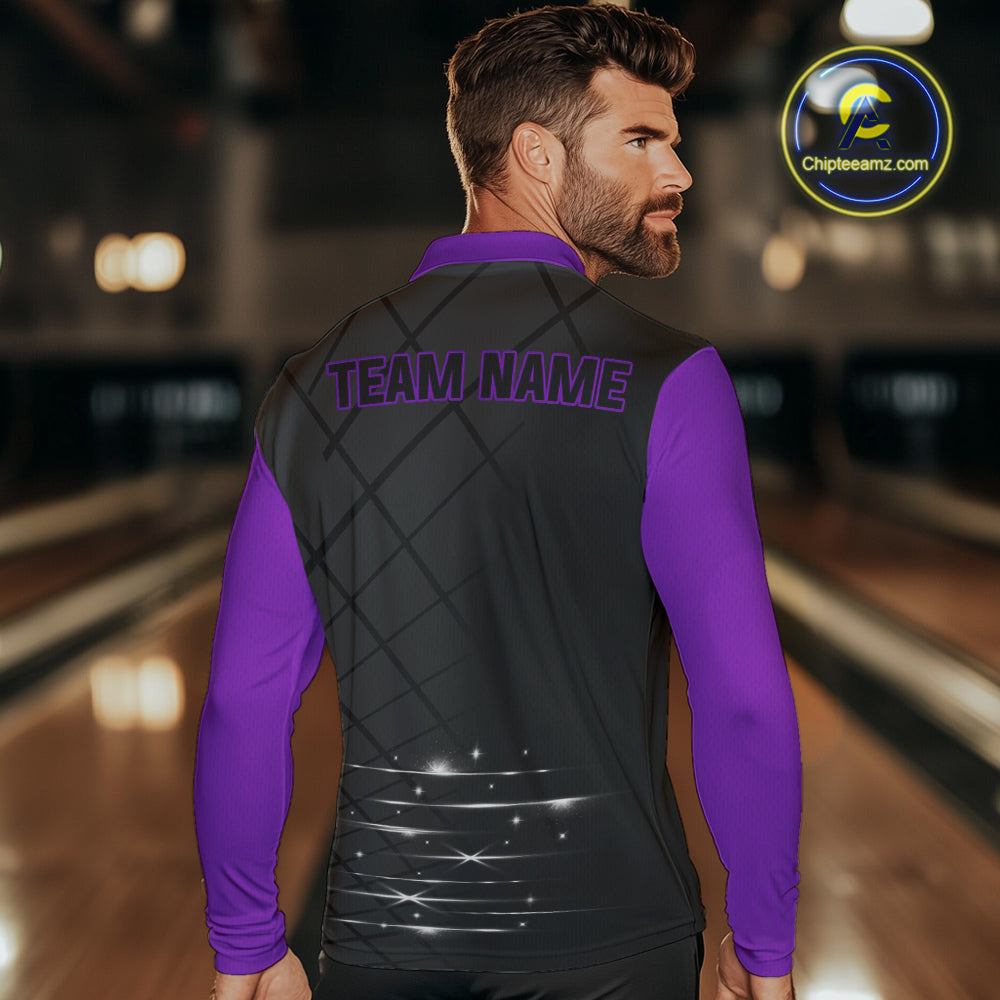 Black and Purple bowling league jersey custom Mens Bowling Polo, 1/4 zip Shirt, gifts for men bowler NQS10097