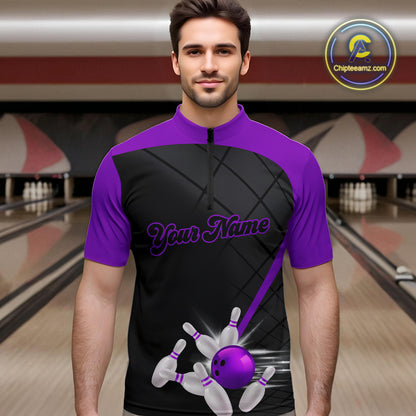 Black and Purple bowling league jersey custom Mens Bowling Polo, 1/4 zip Shirt, gifts for men bowler NQS10097