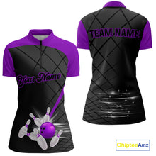 Load image into Gallery viewer, Black &amp; Purple bowling league jersey custom Women Bowling Polo, 1/4 zip Shirt, gift for ladies bowler NQS10097
