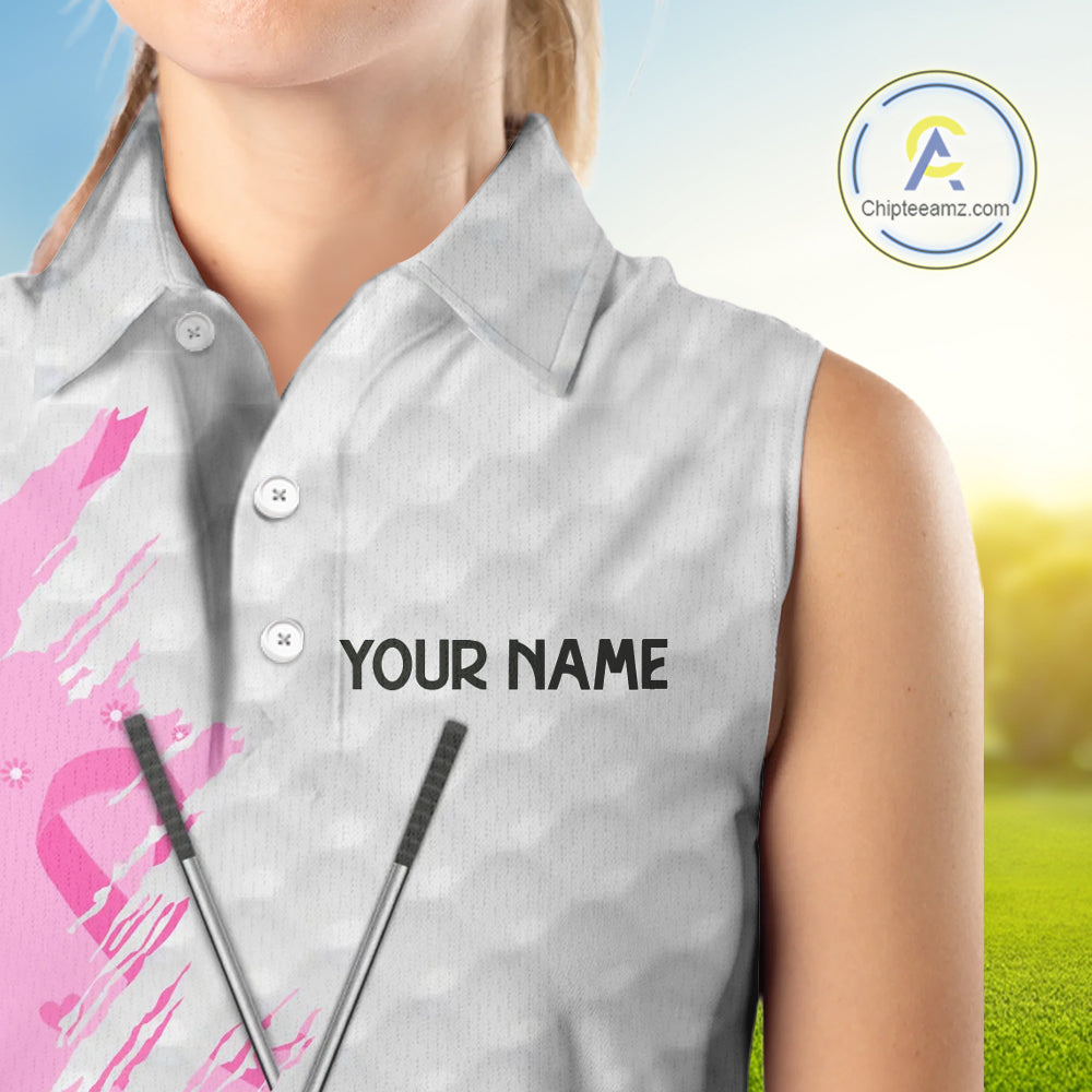 Pink ribbon breast cancer pattern custom name white Women Sleeveless polo shirts team ladies golf top NQS10421