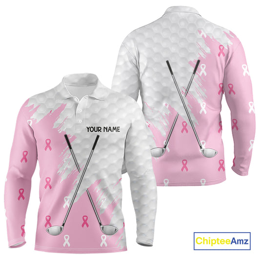 Light Pink ribbon breast cancer pattern custom white Mens golf polo shirts, team golf clubs mens tops NQS10422