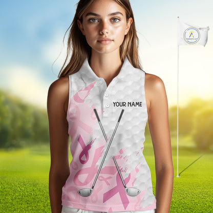 Breast cancer Women Sleeveless polos custom Pink ribbon pattern golf clubs team golf tops for ladies NQS10423