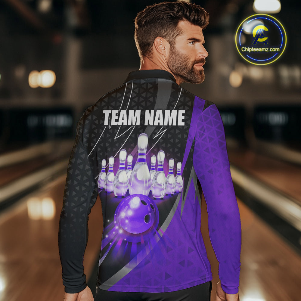 Black and Purple Bowling Camo Polo, 1/4 Zip Shirt for Men Custom Team Bowling jerseys, Bowler Outfit NQS10426