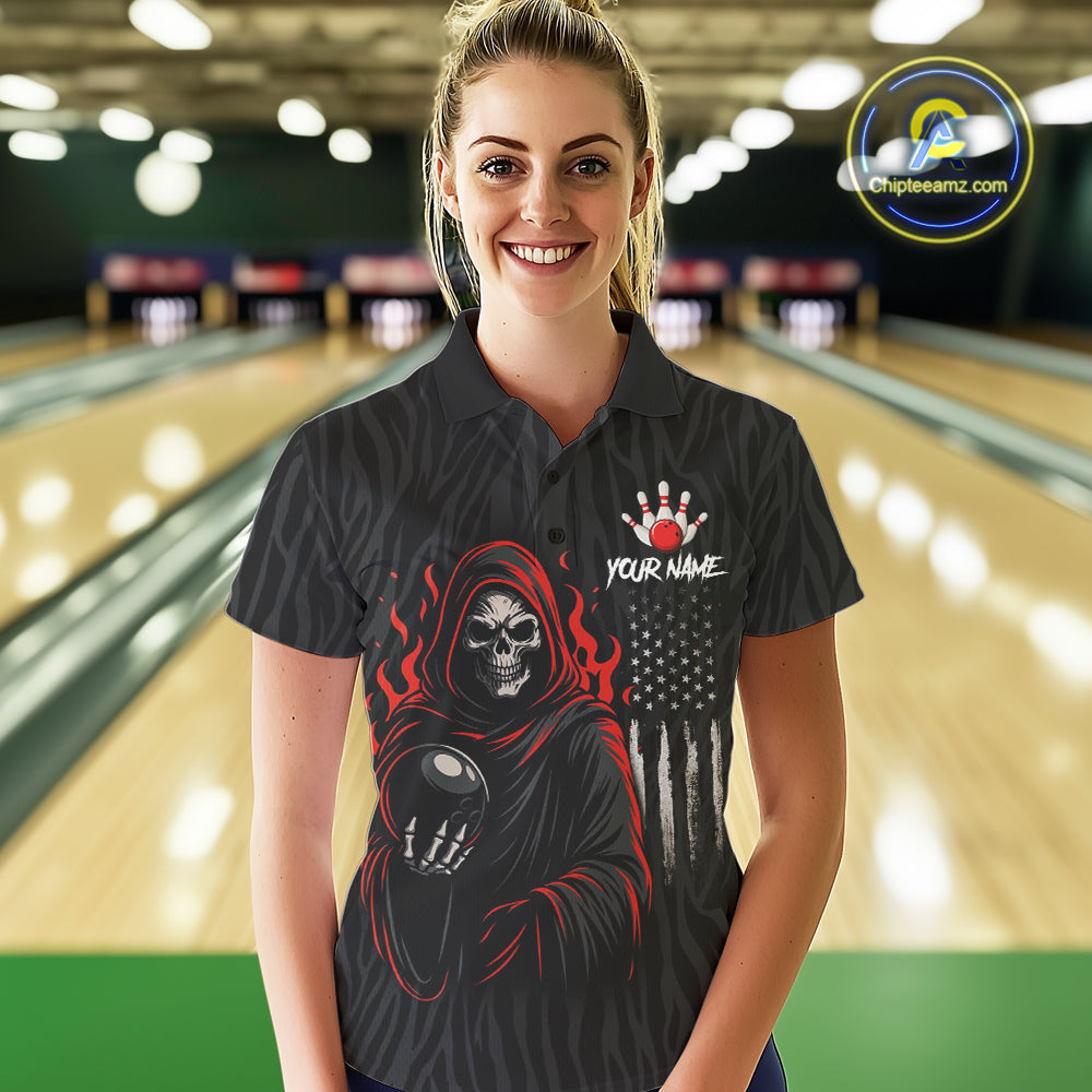 Black & White Camo American Flag Red Flame Skull Reaper Women Bowling Shirt Custom Team Bowling Shirt NQS10852