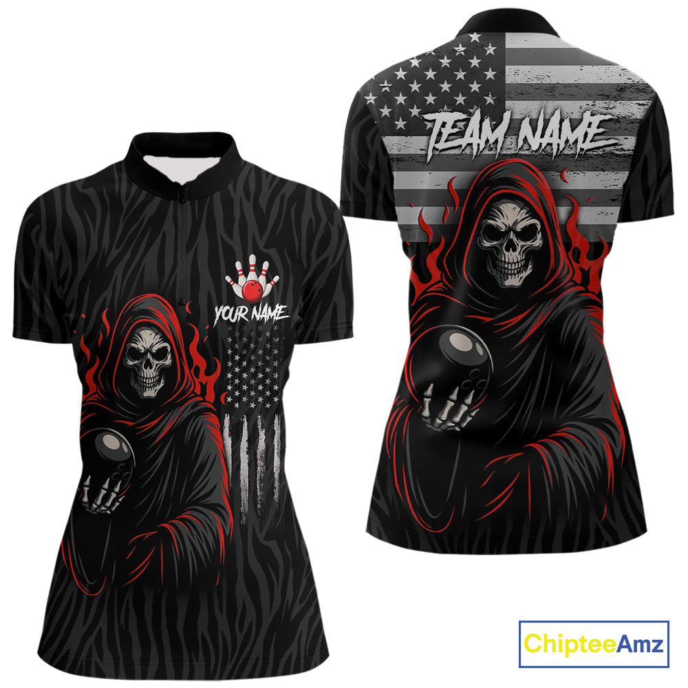 Black & White Camo American Flag Red Flame Skull Reaper Women Bowling Shirt Custom Team Bowling Shirt NQS10852