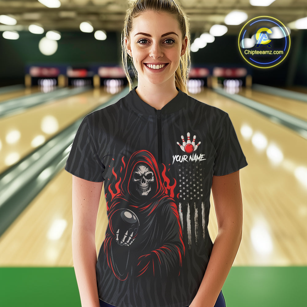 Black & White Camo American Flag Red Flame Skull Reaper Women Bowling Shirt Custom Team Bowling Shirt NQS10852