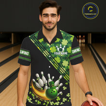 Load image into Gallery viewer, Black and Green shamrock argyle pattern Bowling Hawaiian Shirt Custom St Patrick Team Bowling Jersey NQS11237