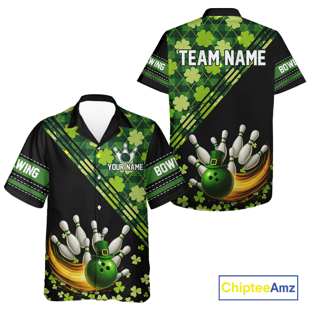 Black and Green shamrock argyle pattern Bowling Hawaiian Shirt Custom St Patrick Team Bowling Jersey NQS11237