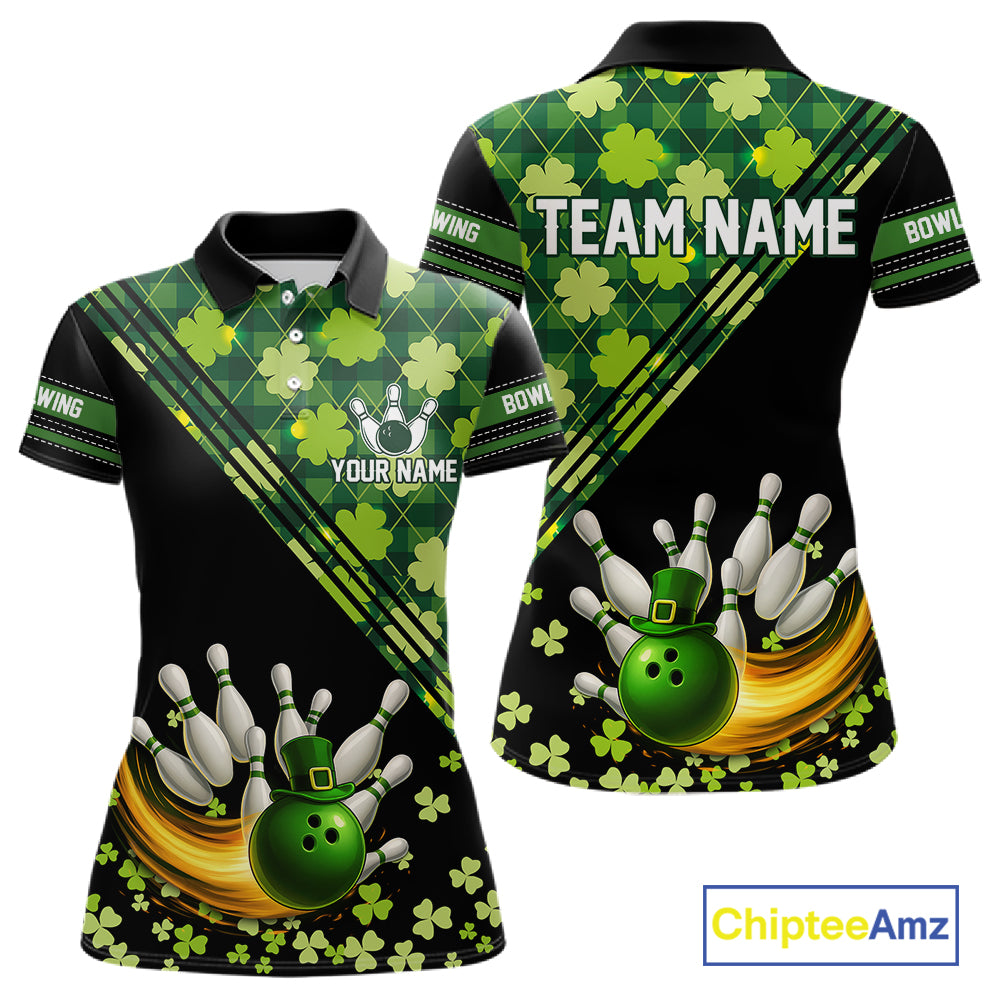 Black and Green shamrock argyle pattern Bowling Shirt For Women Custom St Patrick Team Bowling Jersey NQS11237