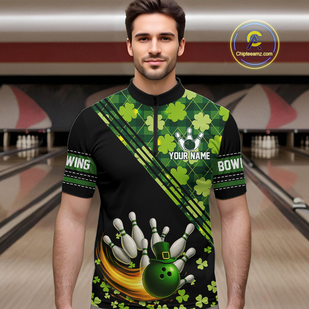 Black and Green shamrock argyle pattern Bowling Shirts For Men Custom St Patrick Team Bowling Jerseys NQS11237
