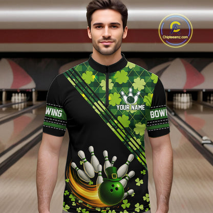 Black and Green shamrock argyle pattern Bowling Shirts For Men Custom St Patrick Team Bowling Jerseys NQS11237