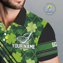 Load image into Gallery viewer, Black and Green shamrock argyle pattern Golf Polo Shirts For Men Custom St Patrick mens golf top NQS11238