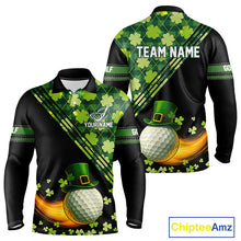 Load image into Gallery viewer, Black and Green shamrock argyle pattern Golf Polo Shirts For Men Custom St Patrick mens golf top NQS11238