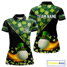 Load image into Gallery viewer, Black and Green shamrock argyle pattern Golf Polo Shirts For Women Custom St Patrick ladies golf top NQS11238