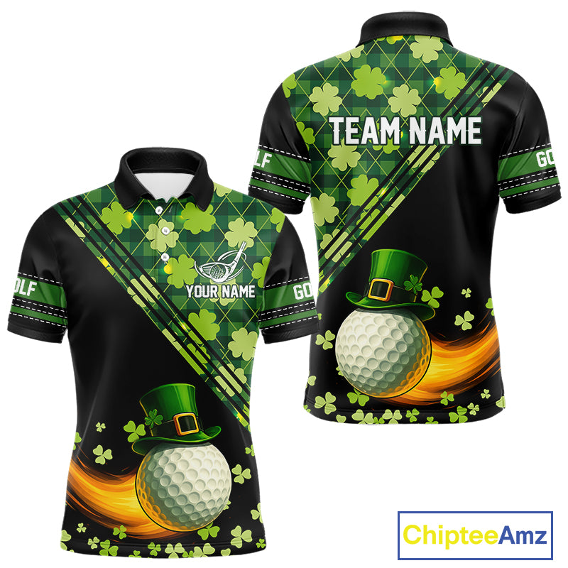 Black and Green shamrock argyle pattern Golf Polo Shirts For Men Custom St Patrick mens golf top NQS11238