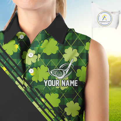 Black and Green shamrock argyle pattern Sleeveless Golf Polo Shirt Custom St Patrick ladies golf top NQS11238
