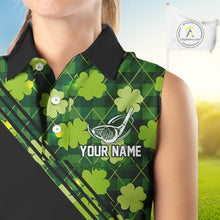 Load image into Gallery viewer, Black and Green shamrock argyle pattern Sleeveless Golf Polo Shirt Custom St Patrick ladies golf top NQS11238