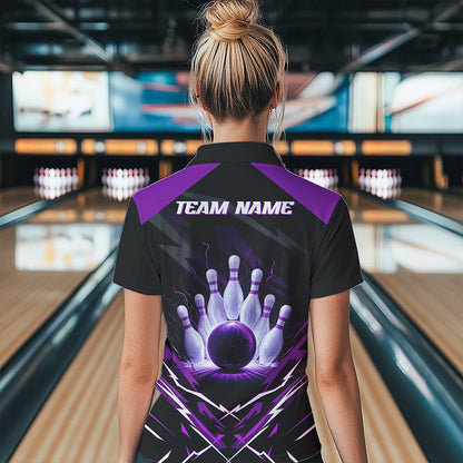 Black and Purple Lightning thunder Women Bowling Polo, Quarter Zip shirts Custom Bowling Team Jersey NQS9358