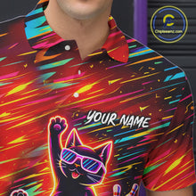 Load image into Gallery viewer, Funny Colorful Neon Cat Bowling Polo shirt, 1/4 zip shirts for men custom Bowling Team League Shirts NQS11429