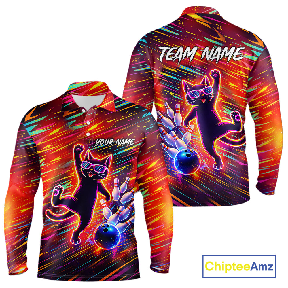 Funny Colorful Neon Cat Bowling Polo shirt, 1/4 zip shirts for men custom Bowling Team League Shirts NQS11429