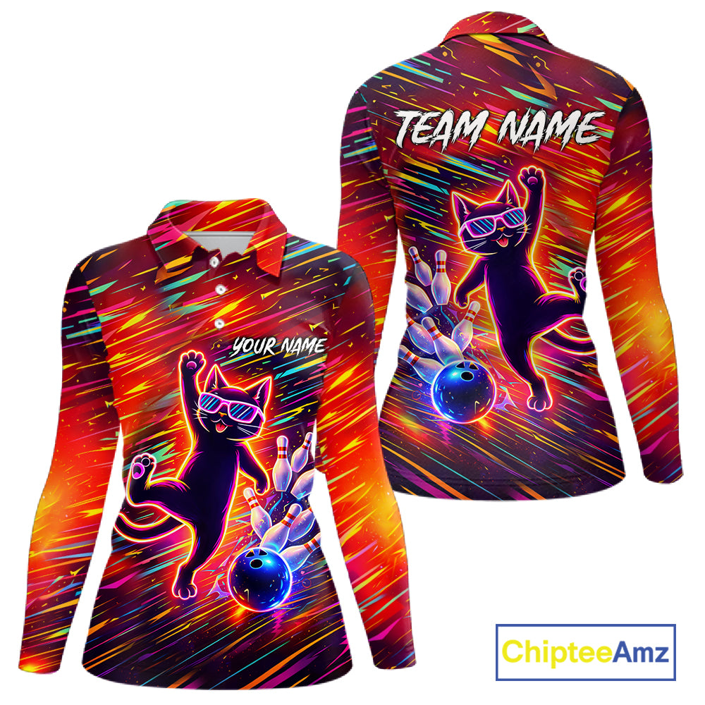 Funny Colorful Neon Cat Bowling Polo shirt, 1/4 zip shirts for Women custom Bowling Team League Shirt NQS11429