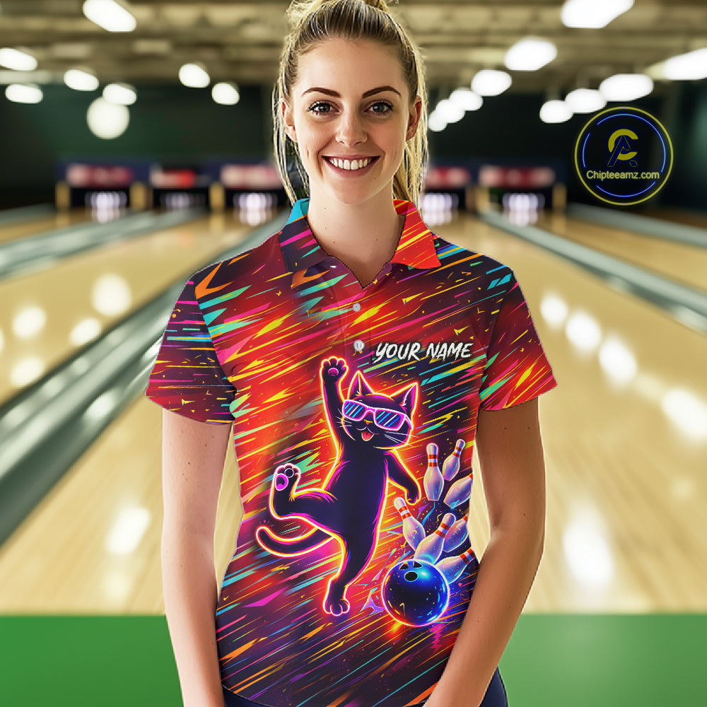 Funny Colorful Neon Cat Bowling Polo shirt, 1/4 zip shirts for Women custom Bowling Team League Shirt NQS11429
