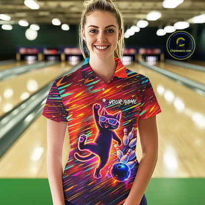 Funny Colorful Neon Cat Bowling Polo shirt, 1/4 zip shirts for Women custom Bowling Team League Shirt NQS11429