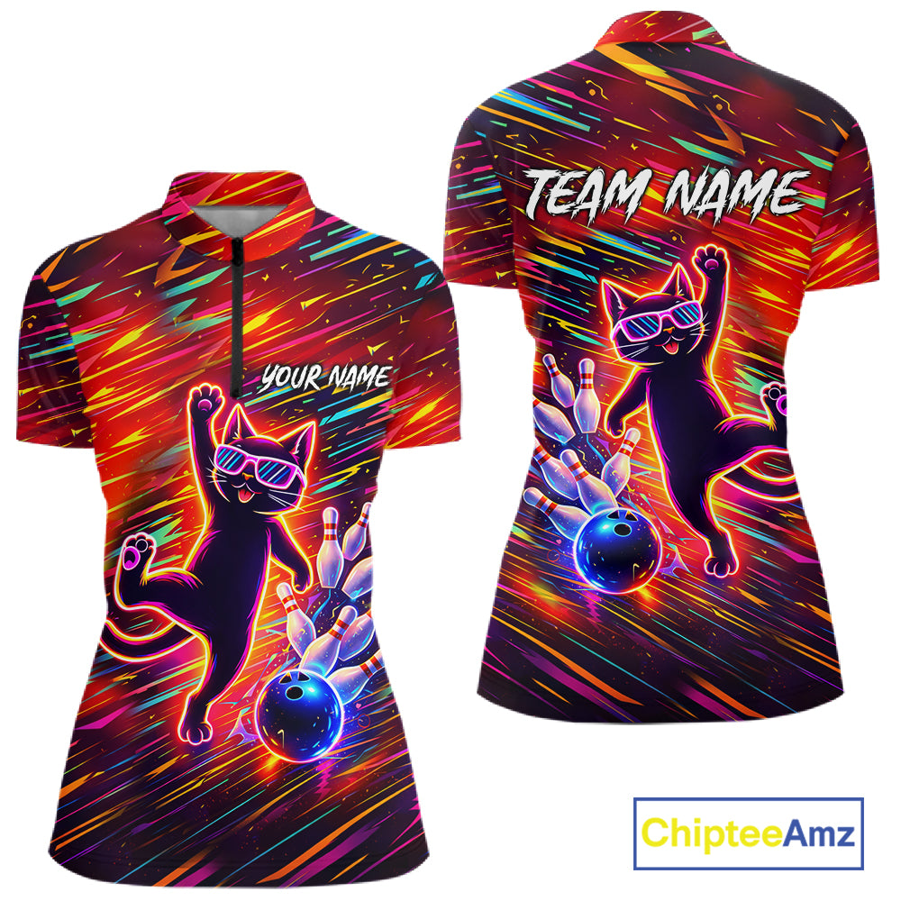 Funny Colorful Neon Cat Bowling Polo shirt, 1/4 zip shirts for Women custom Bowling Team League Shirt NQS11429