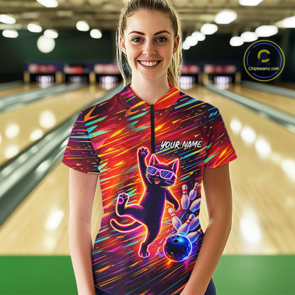 Funny Colorful Neon Cat Bowling Polo shirt, 1/4 zip shirts for Women custom Bowling Team League Shirt NQS11429