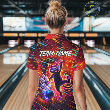Funny Colorful Neon Cat Bowling Polo shirt, 1/4 zip shirts for Women custom Bowling Team League Shirt NQS11429