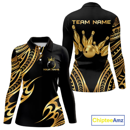Black and Gold tribal pattern Bowling Polo, Quarter Zip Shirts For Women Custom Bowling Team Jerseys NQS11732