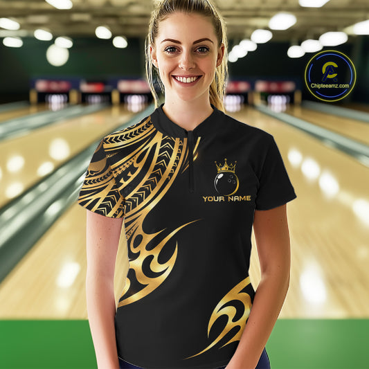 Black and Gold tribal pattern Bowling Polo, Quarter Zip Shirts For Women Custom Bowling Team Jerseys NQS11732